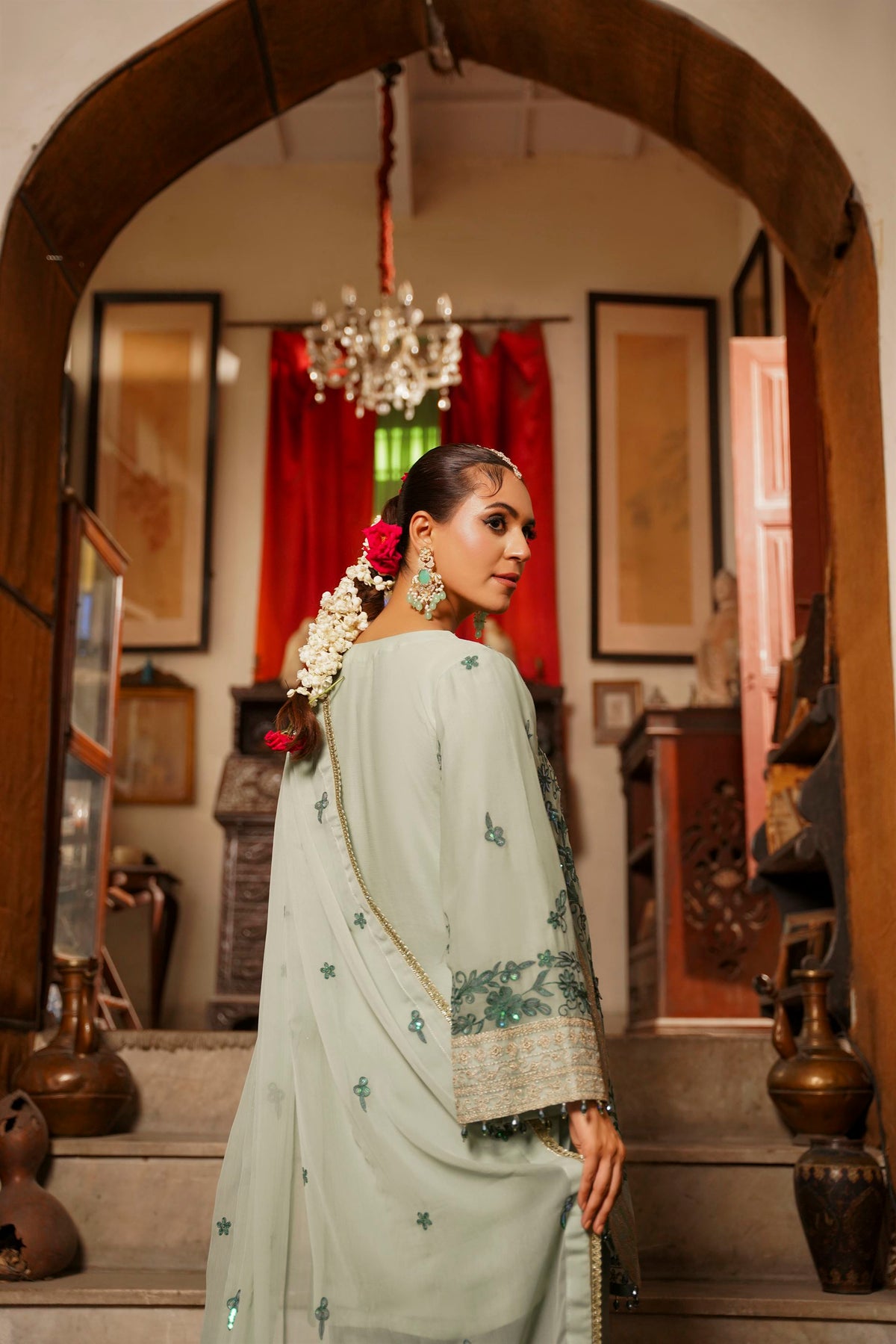 Mint Green Embroidered Festive Suit with  Shalwar