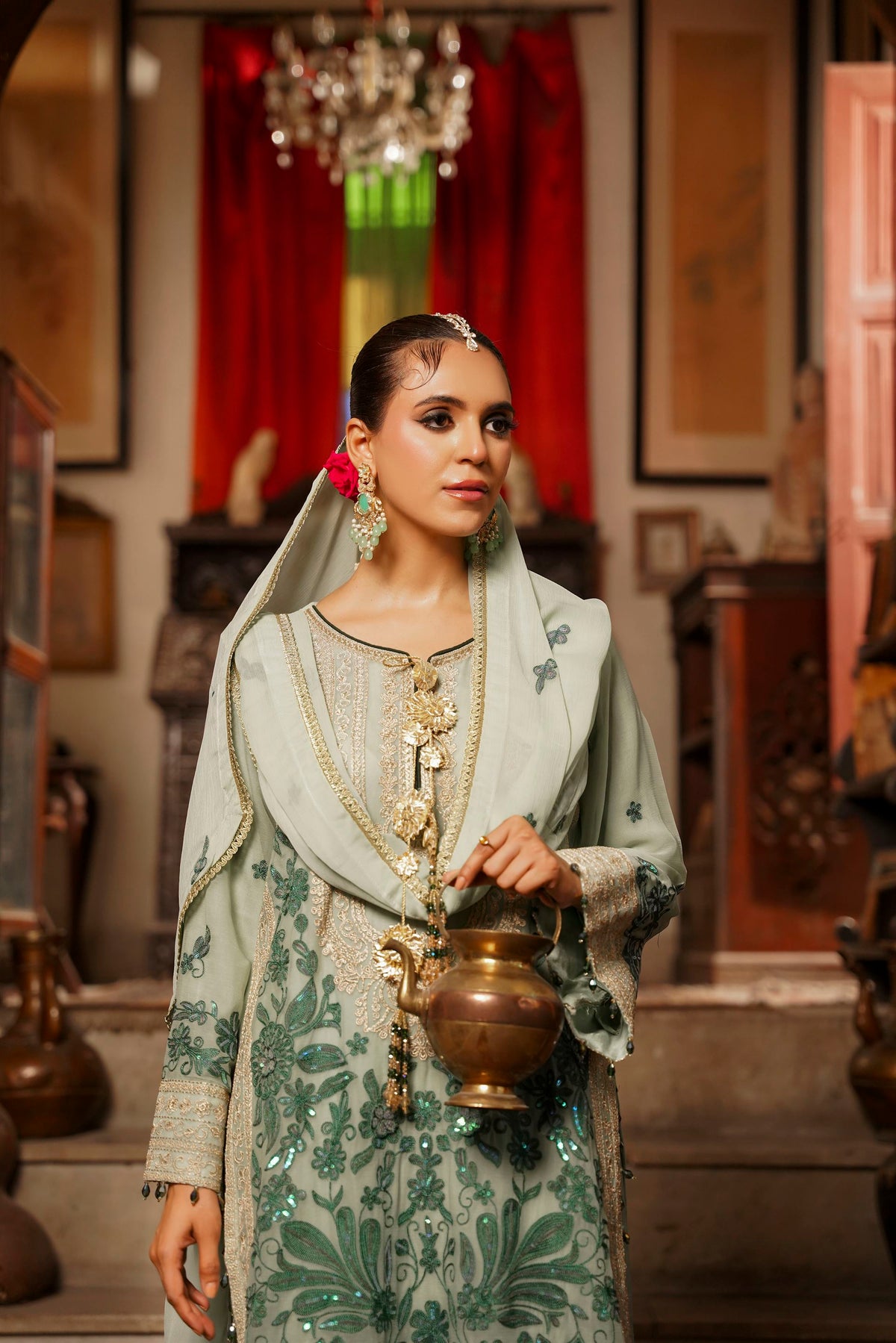 Mint Green Embroidered Festive Suit with  Shalwar