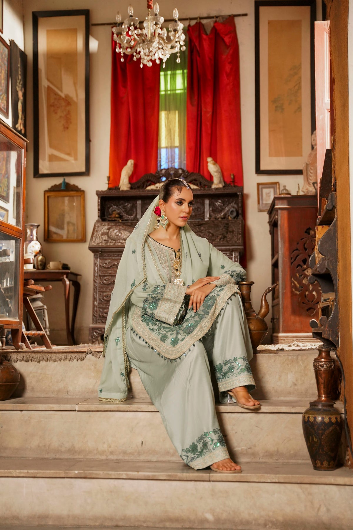 Mint Green Embroidered Festive Suit with  Shalwar