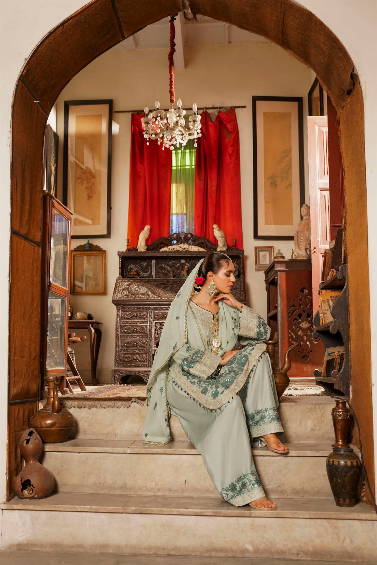 Mint Green Embroidered Festive Suit with  Shalwar