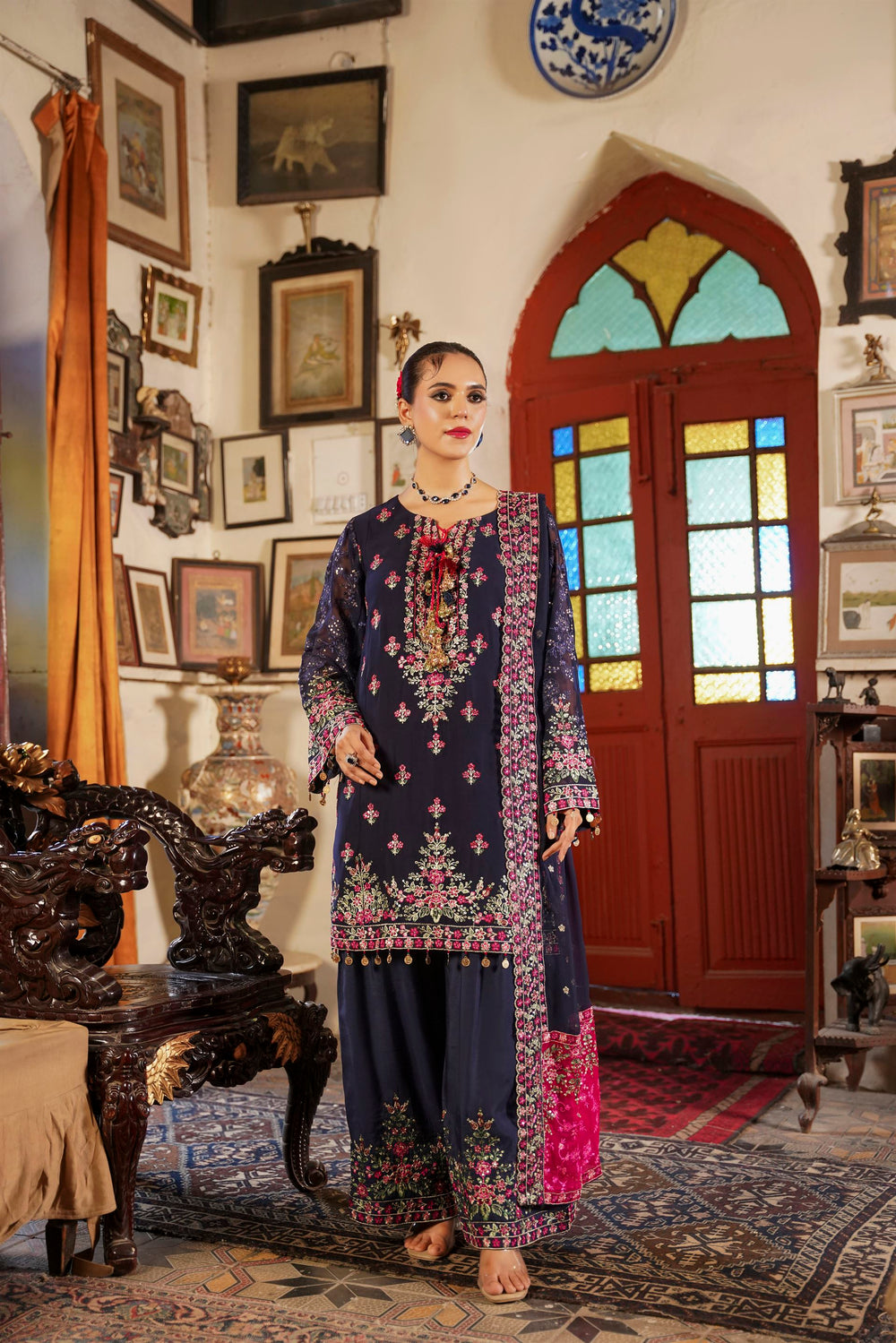 Deep Navy Blue Embroidered Festive Suit with Shalwar