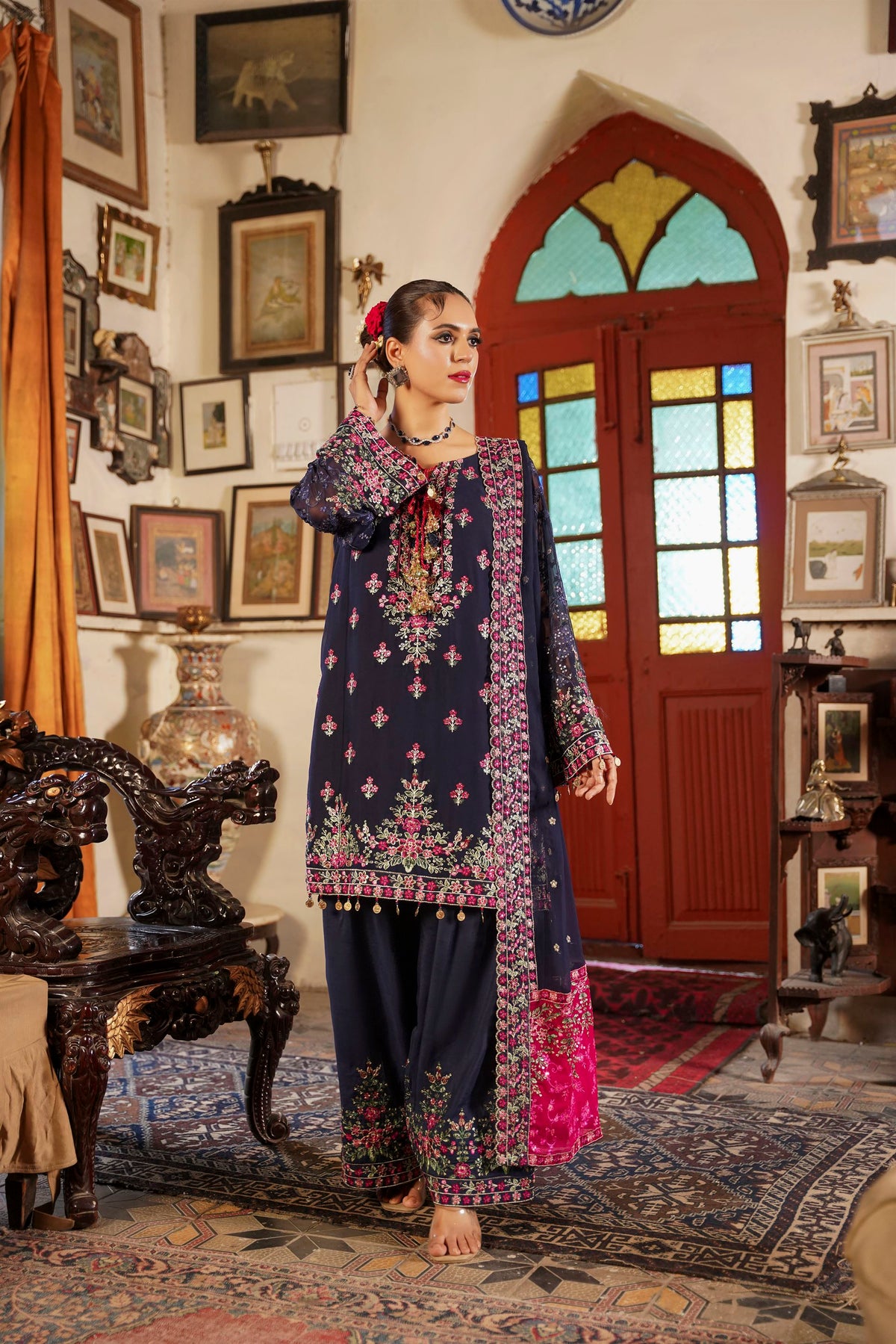 Deep Navy Blue Embroidered Festive Suit with Shalwar