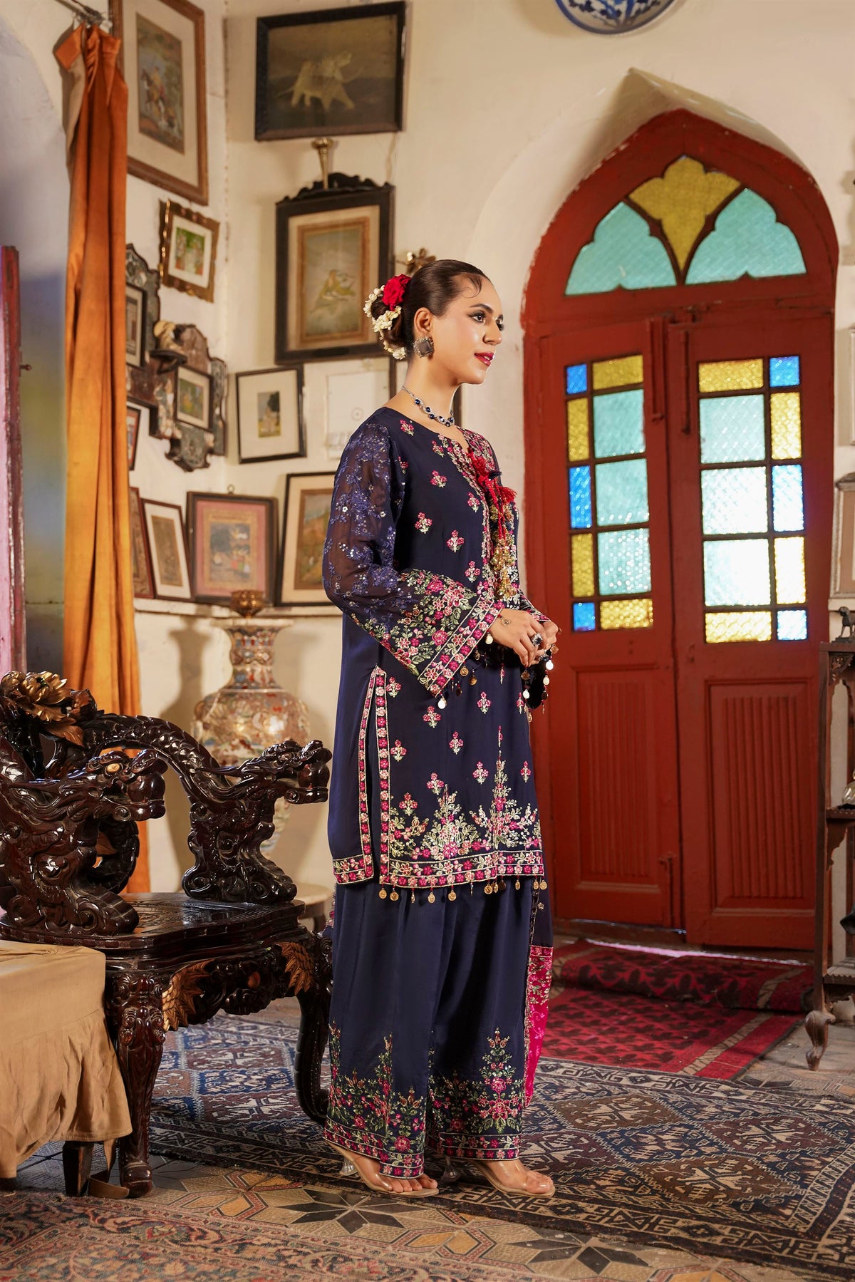 Deep Navy Blue Embroidered Festive Suit with Shalwar