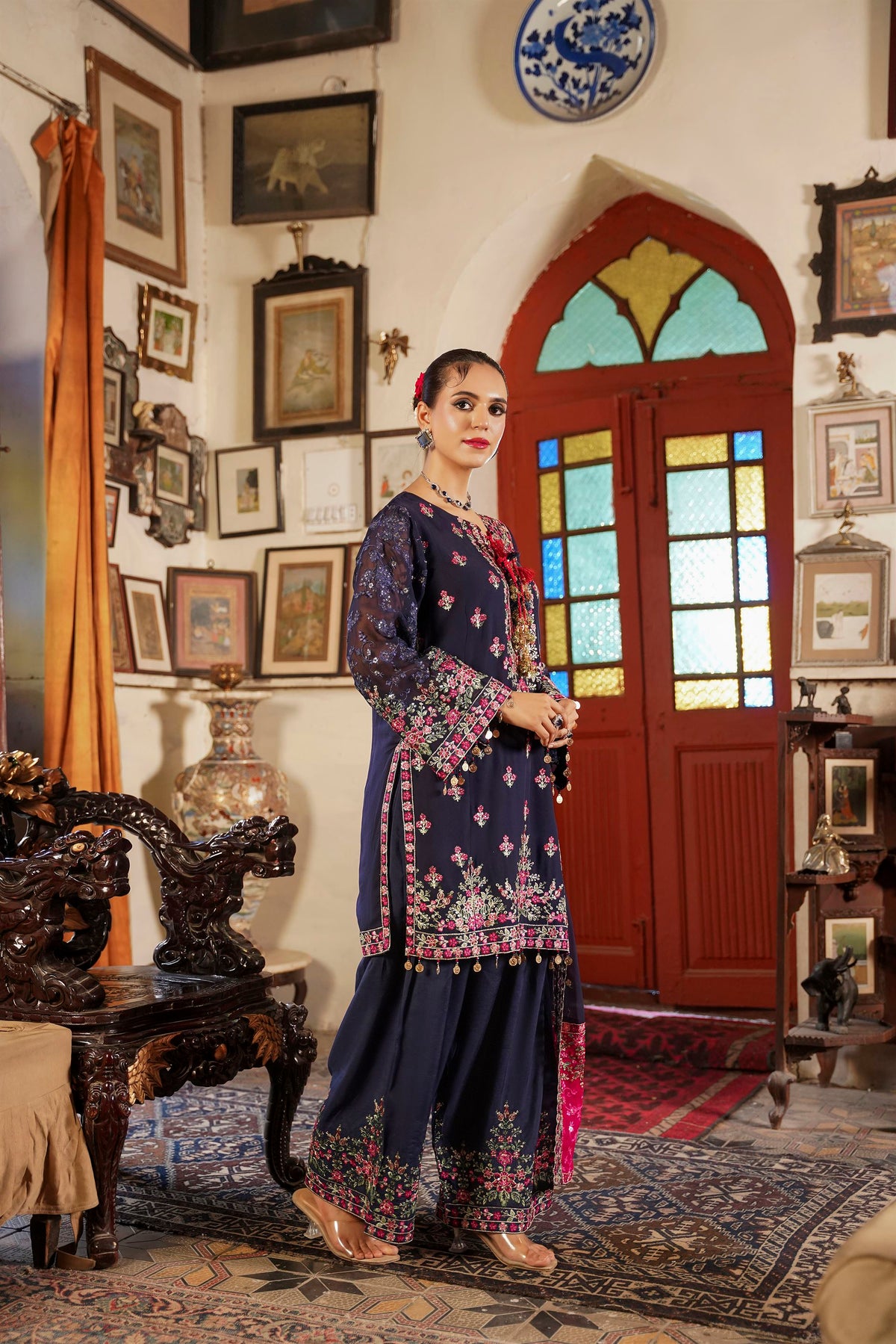 Deep Navy Blue Embroidered Festive Suit with Shalwar