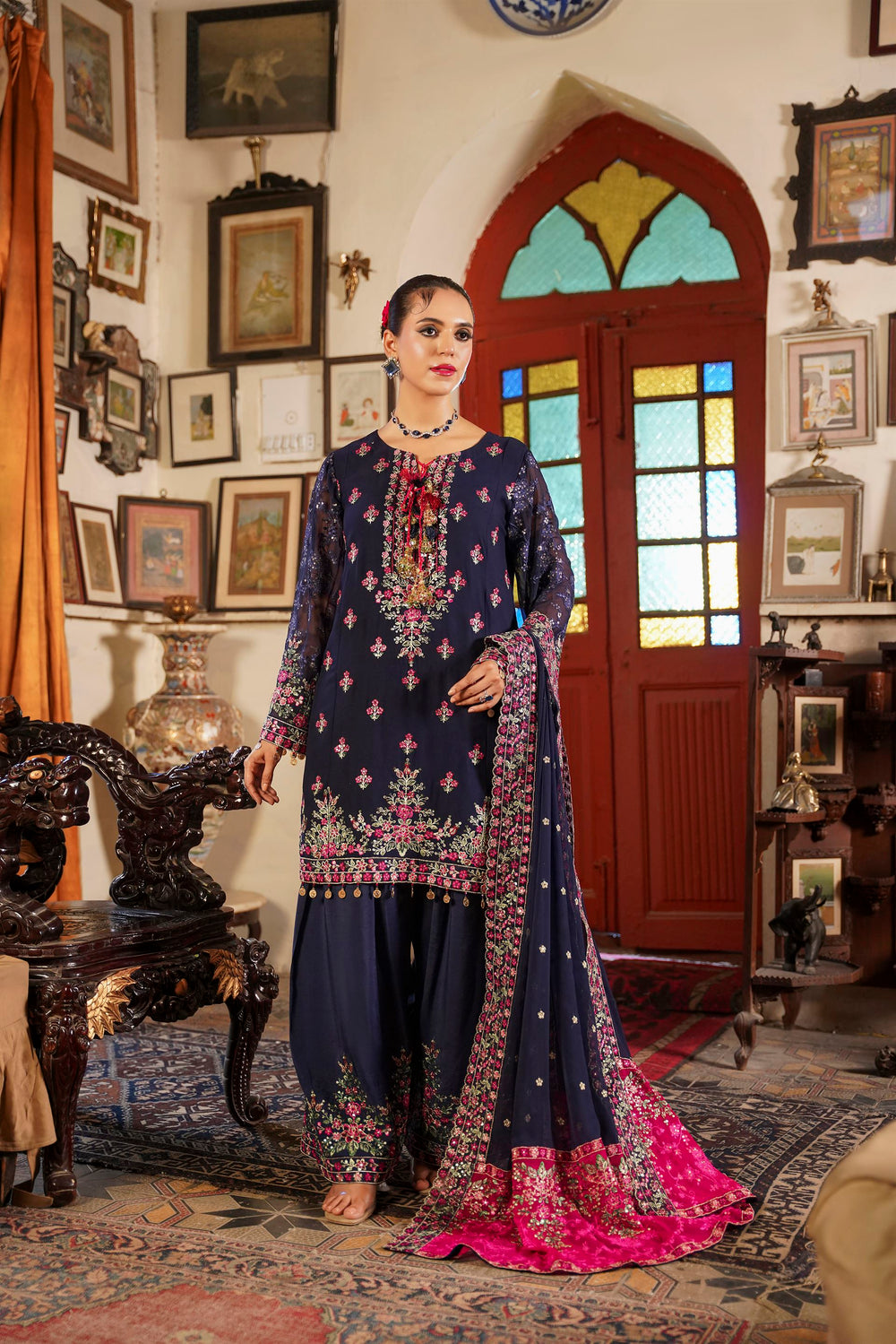 Deep Navy Blue Embroidered Festive Suit with Shalwar