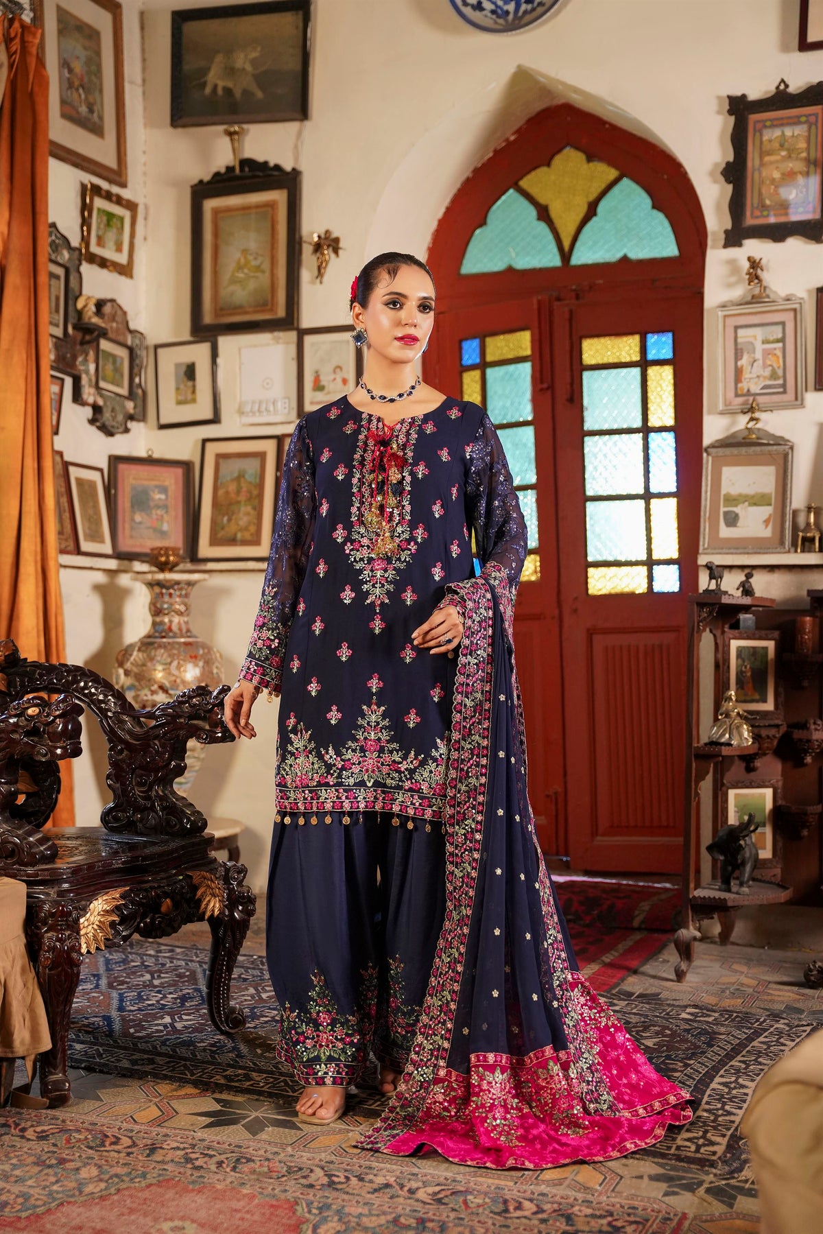Deep Navy Blue Embroidered Festive Suit with Shalwar