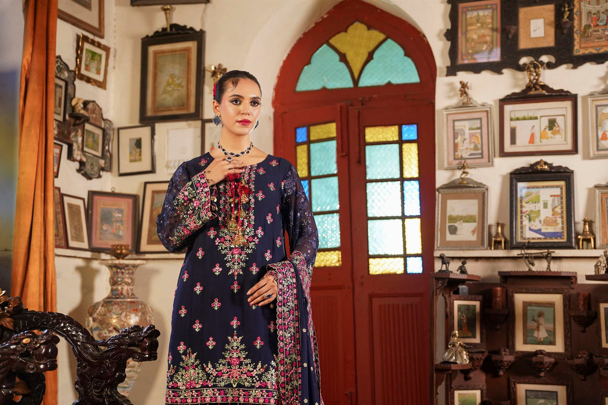 Deep Navy Blue Embroidered Festive Suit with Shalwar