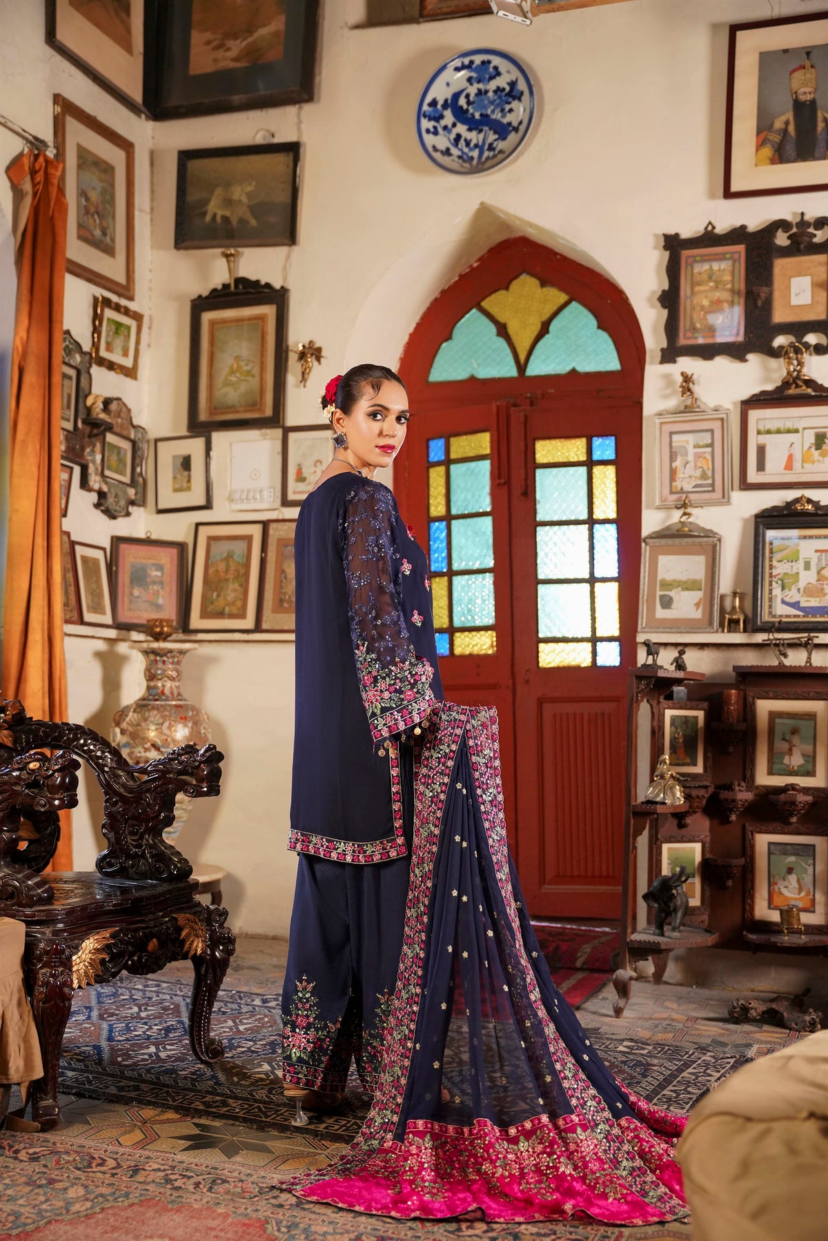 Deep Navy Blue Embroidered Festive Suit with Shalwar
