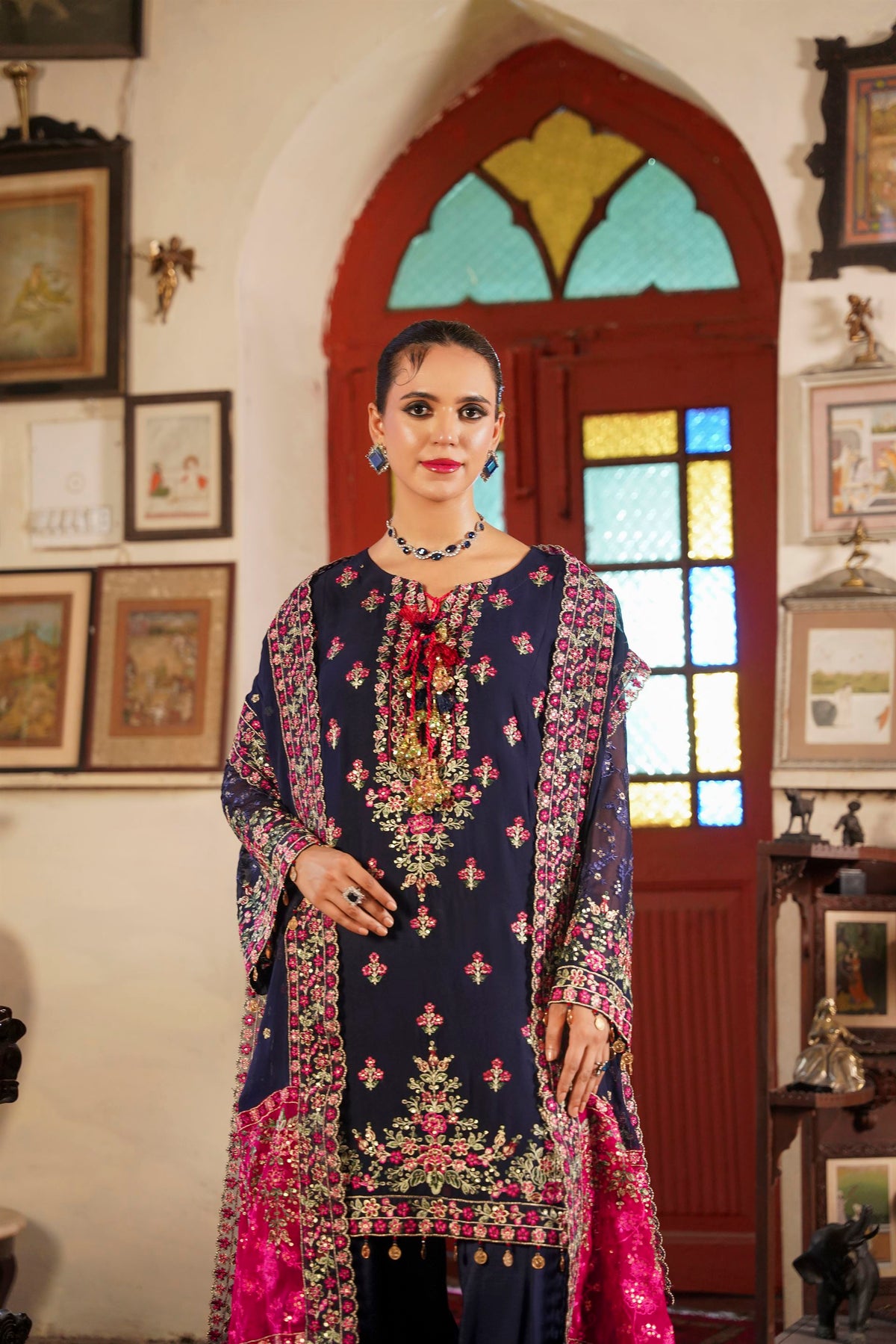 Deep Navy Blue Embroidered Festive Suit with Shalwar
