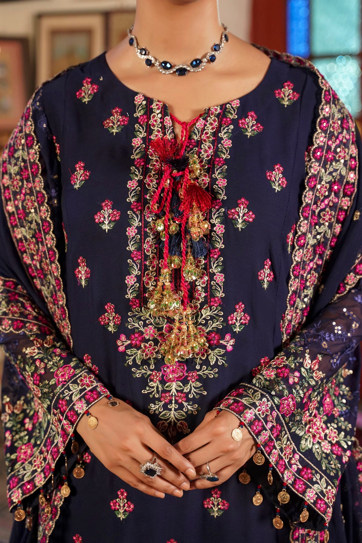 Deep Navy Blue Embroidered Festive Suit with Shalwar