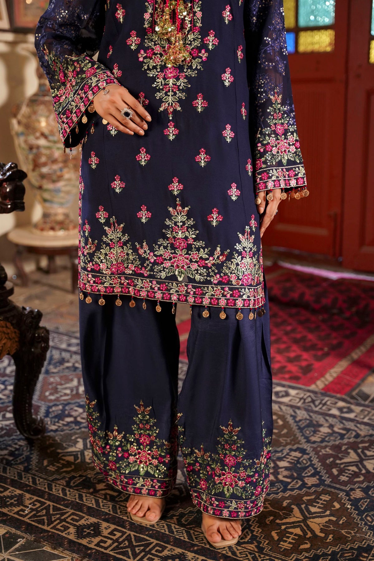 Deep Navy Blue Embroidered Festive Suit with Shalwar