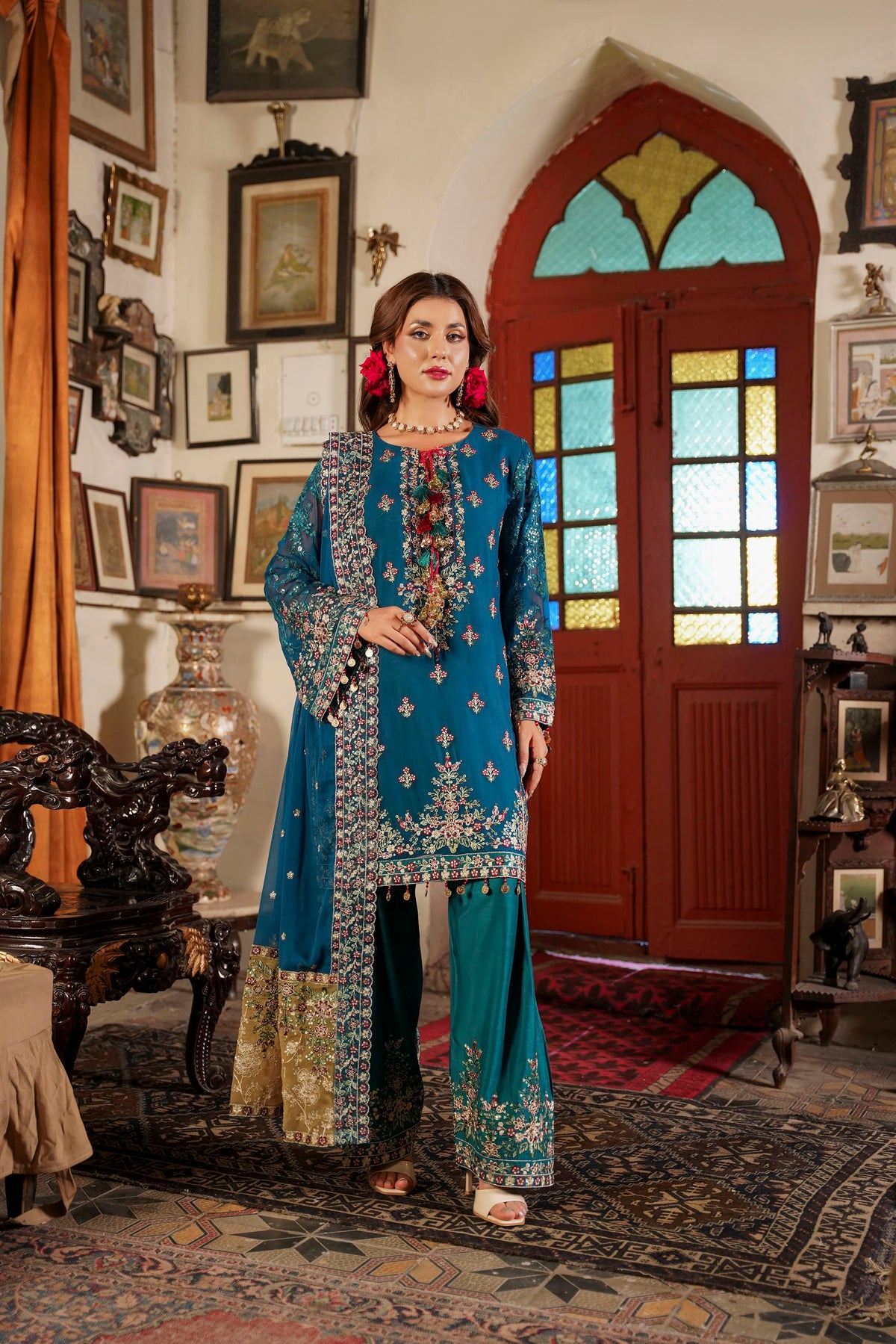 Deep Teal Traditional Kurta with  Dupatta