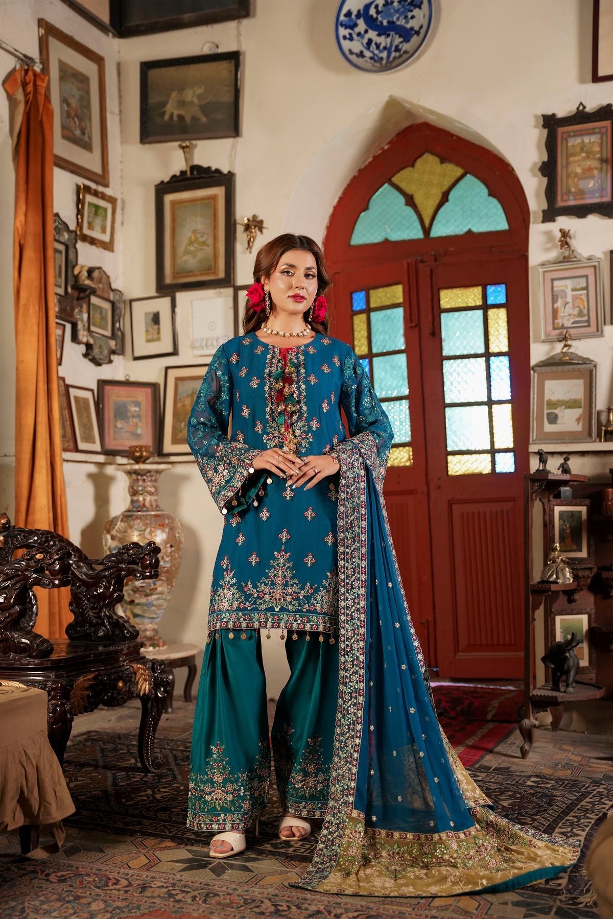 Deep Teal Traditional Kurta with  Dupatta
