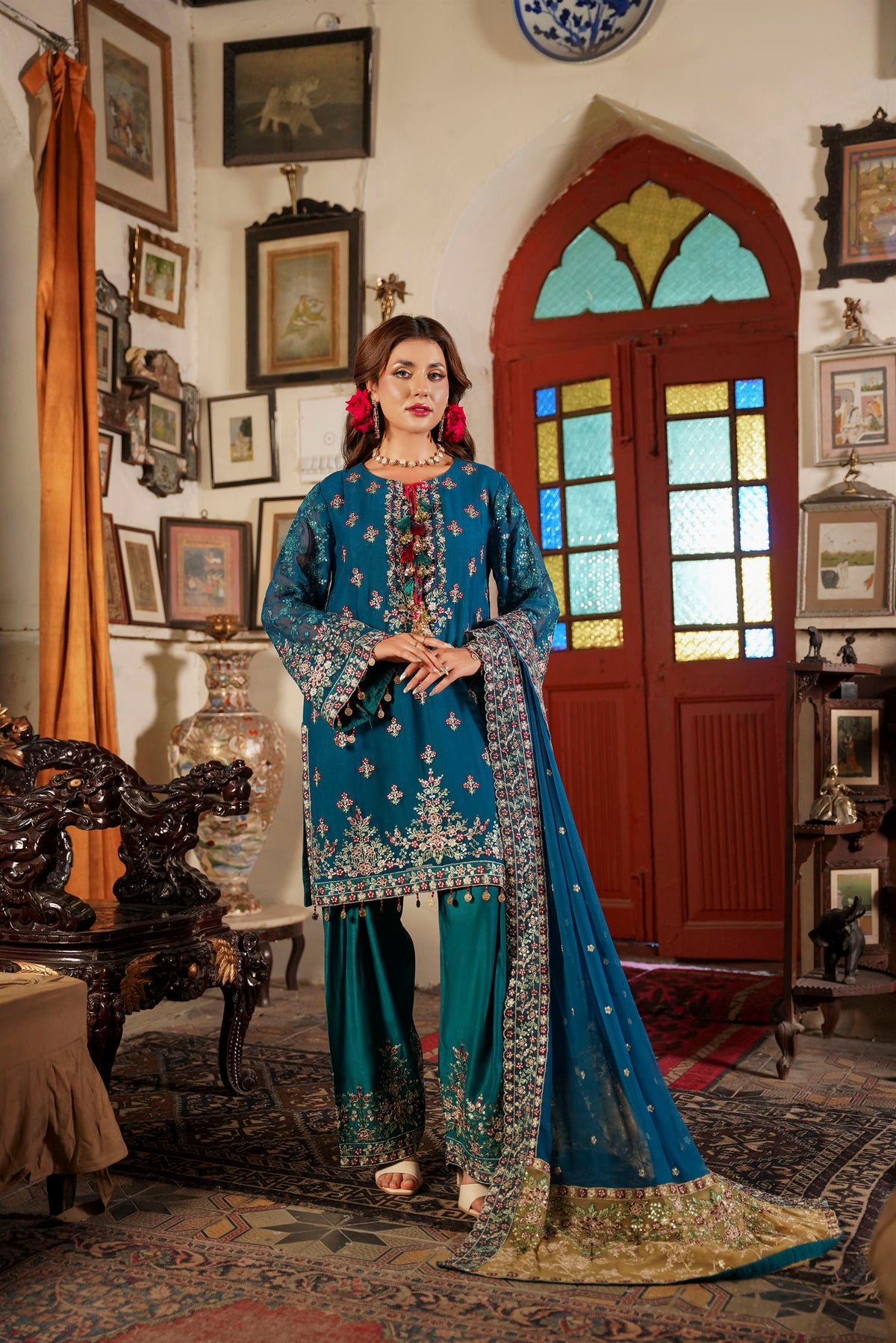 Deep Teal Traditional Kurta with  Dupatta
