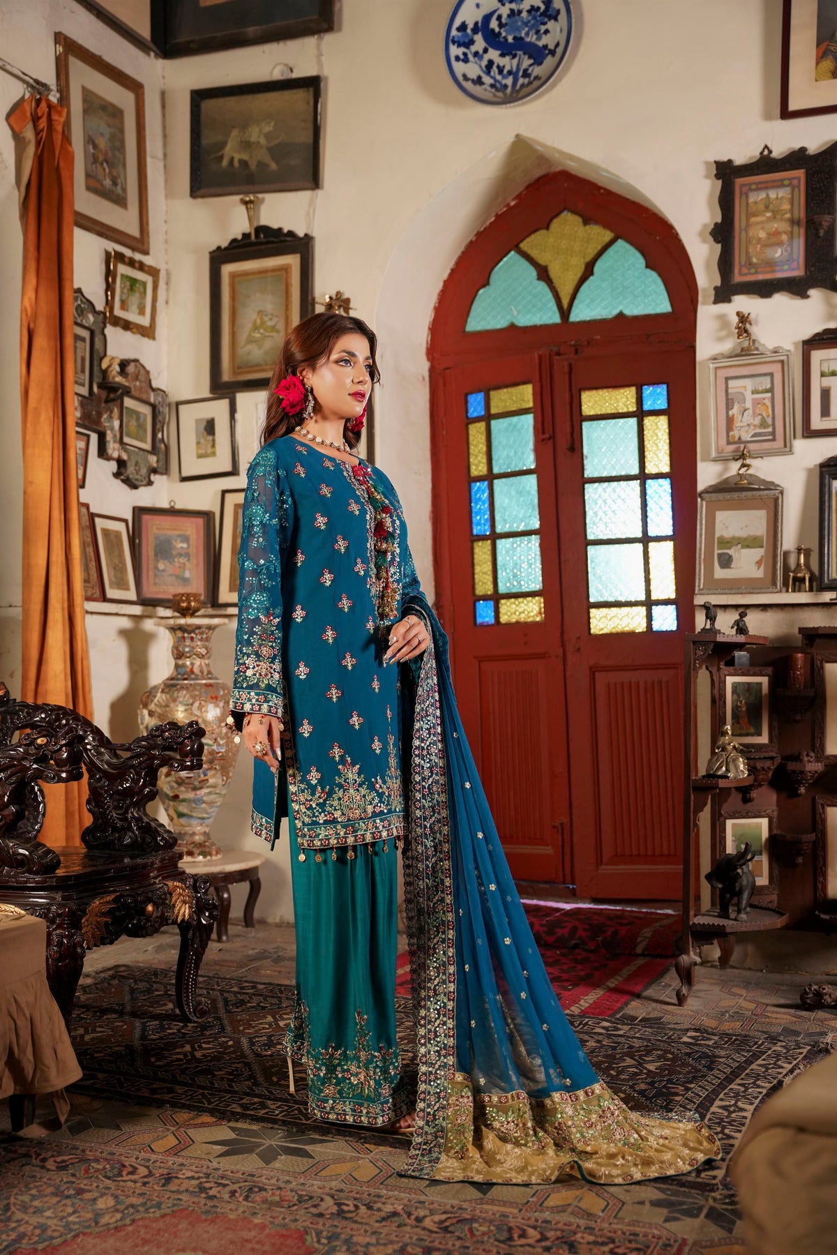 Deep Teal Traditional Kurta with  Dupatta