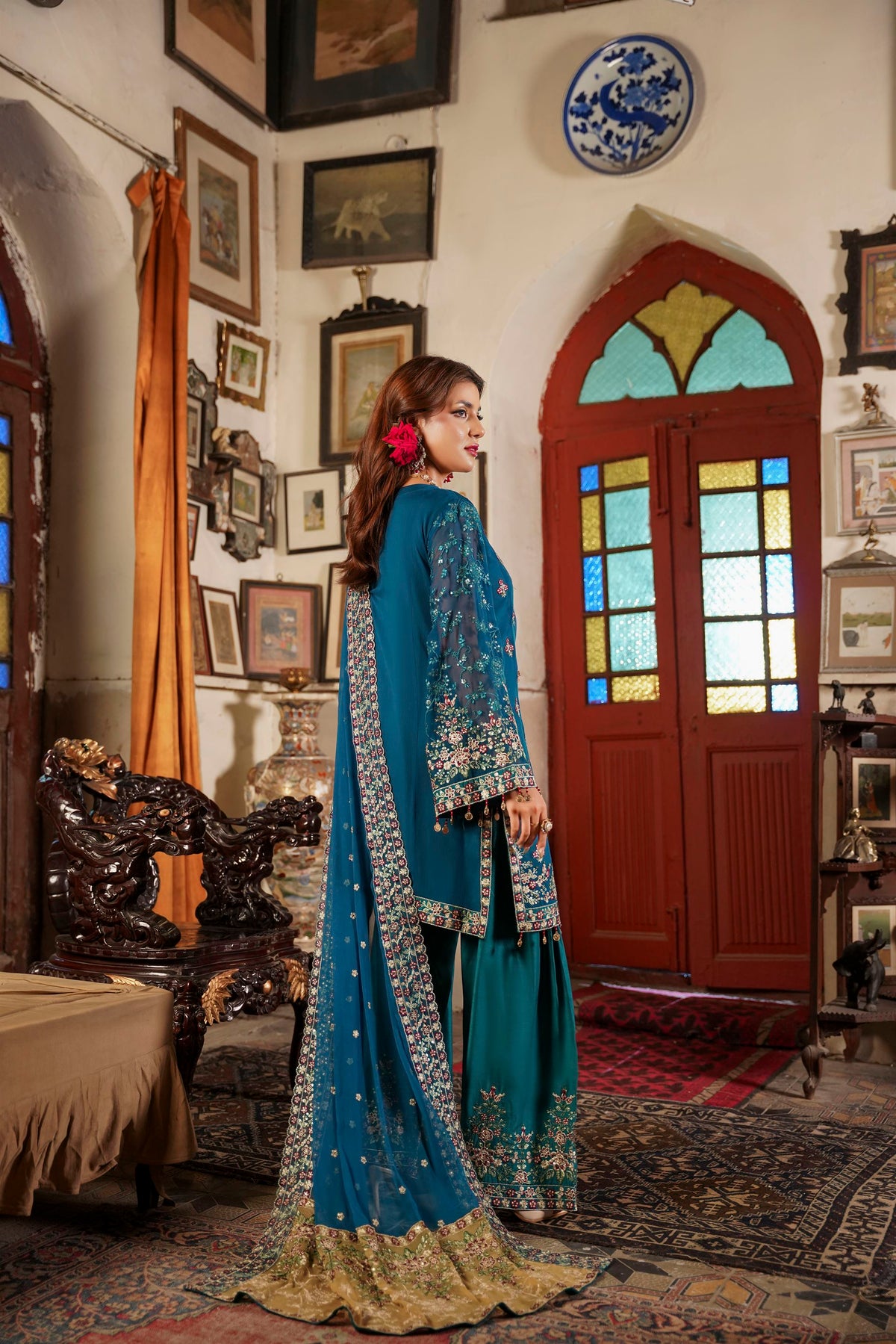 Deep Teal Traditional Kurta with  Dupatta