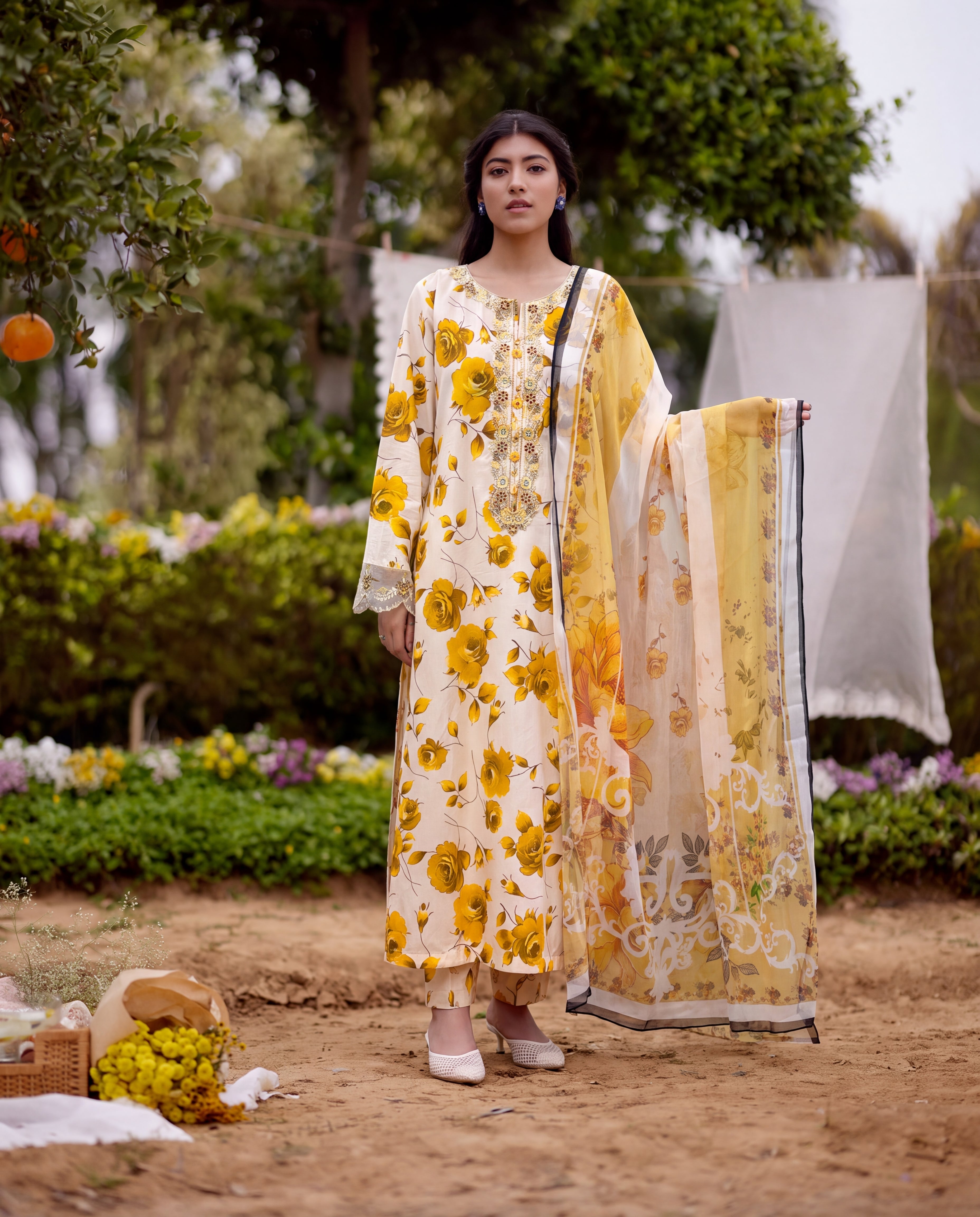 Gul-e-Reza Yellow – Floral Lawn 3-Piece Suit