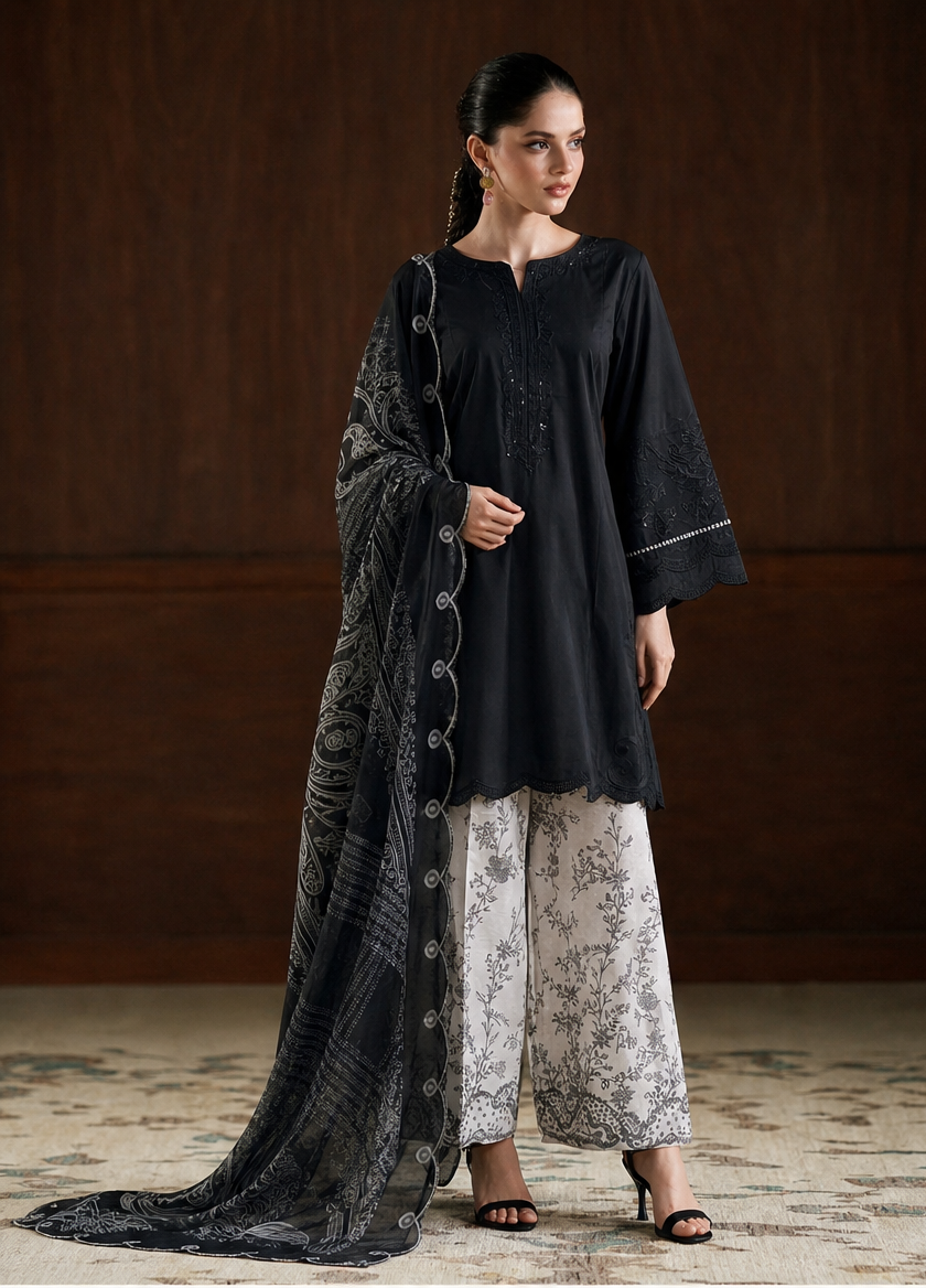 Midnight Elegance Black Embroidered Lawn