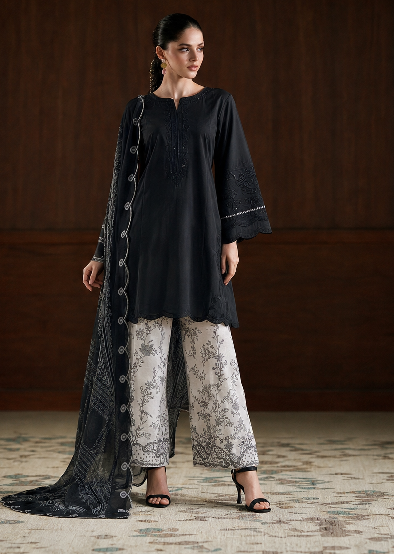 Midnight Elegance Black Embroidered Lawn