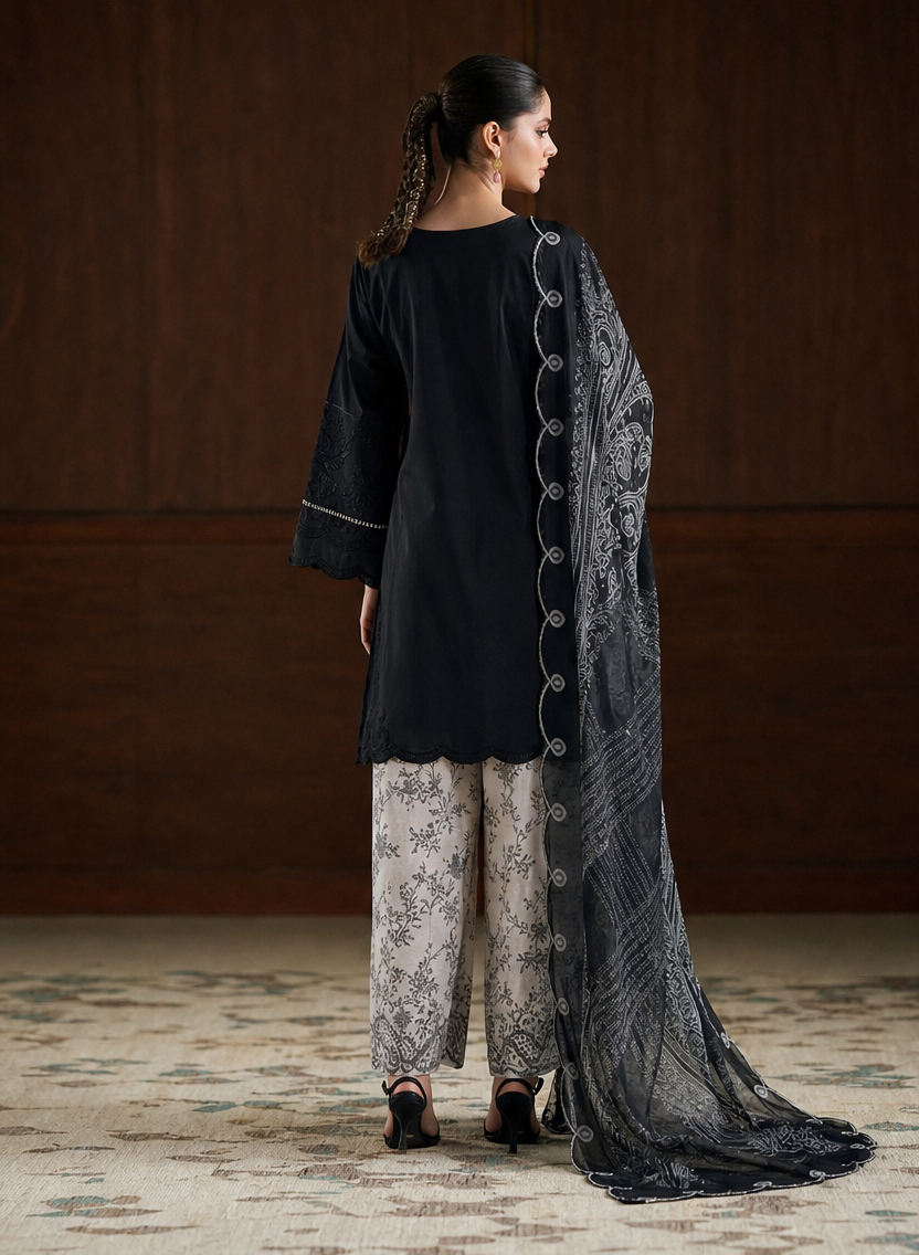 Midnight Elegance Black Embroidered Lawn