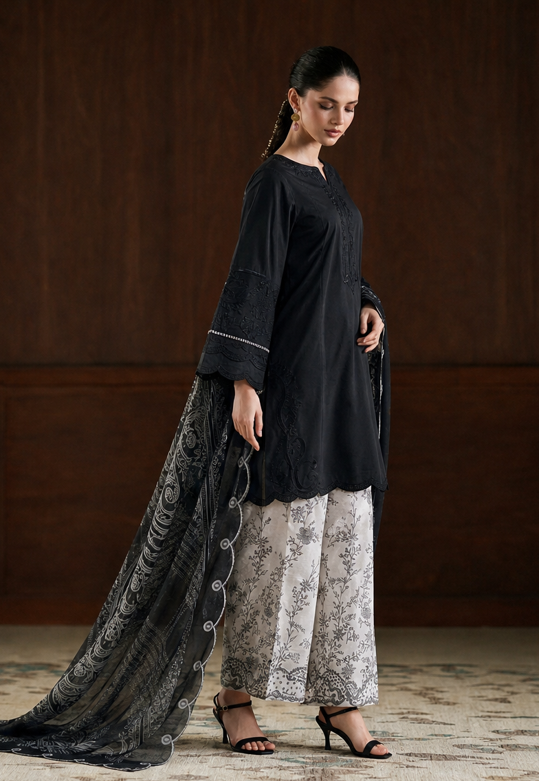 Midnight Elegance Black Embroidered Lawn
