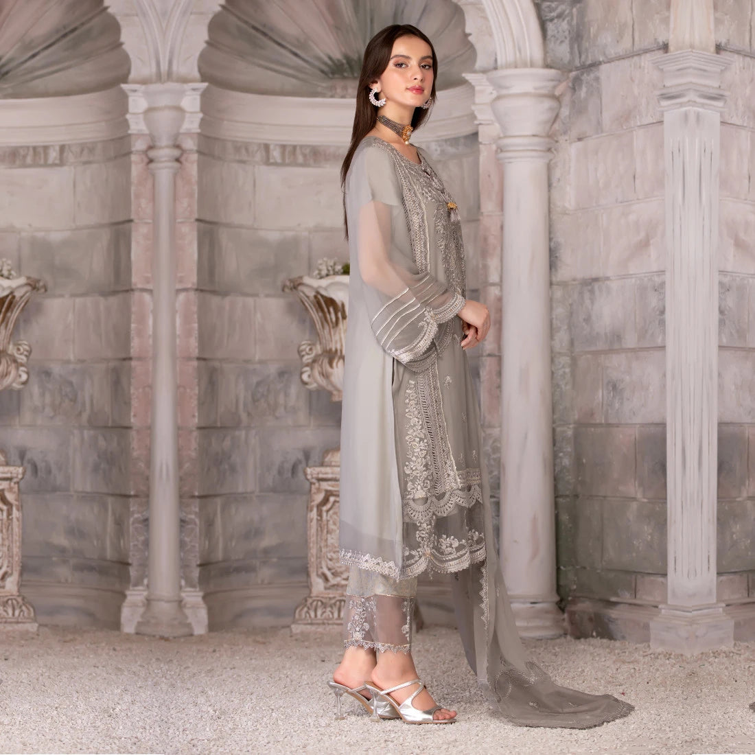 3 Piece Embroidered Pleated Chiffon Dress - Sherry's wardrobe