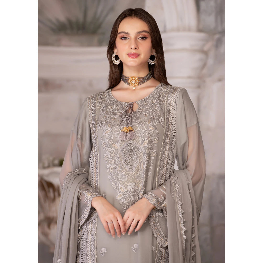3 Piece Embroidered Pleated Chiffon Dress - Sherry's wardrobe