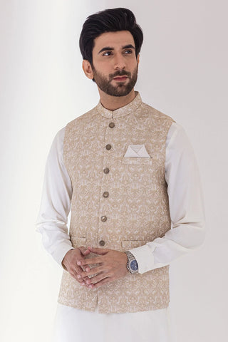 MEN WAIST COAT WITH EMBROIDERY - LIGHT FAWN