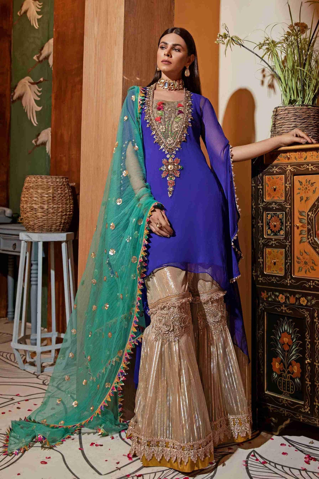 Blue Embroidered Shirt (Hand Embroidered Kora, Dabka, and Gotta work)